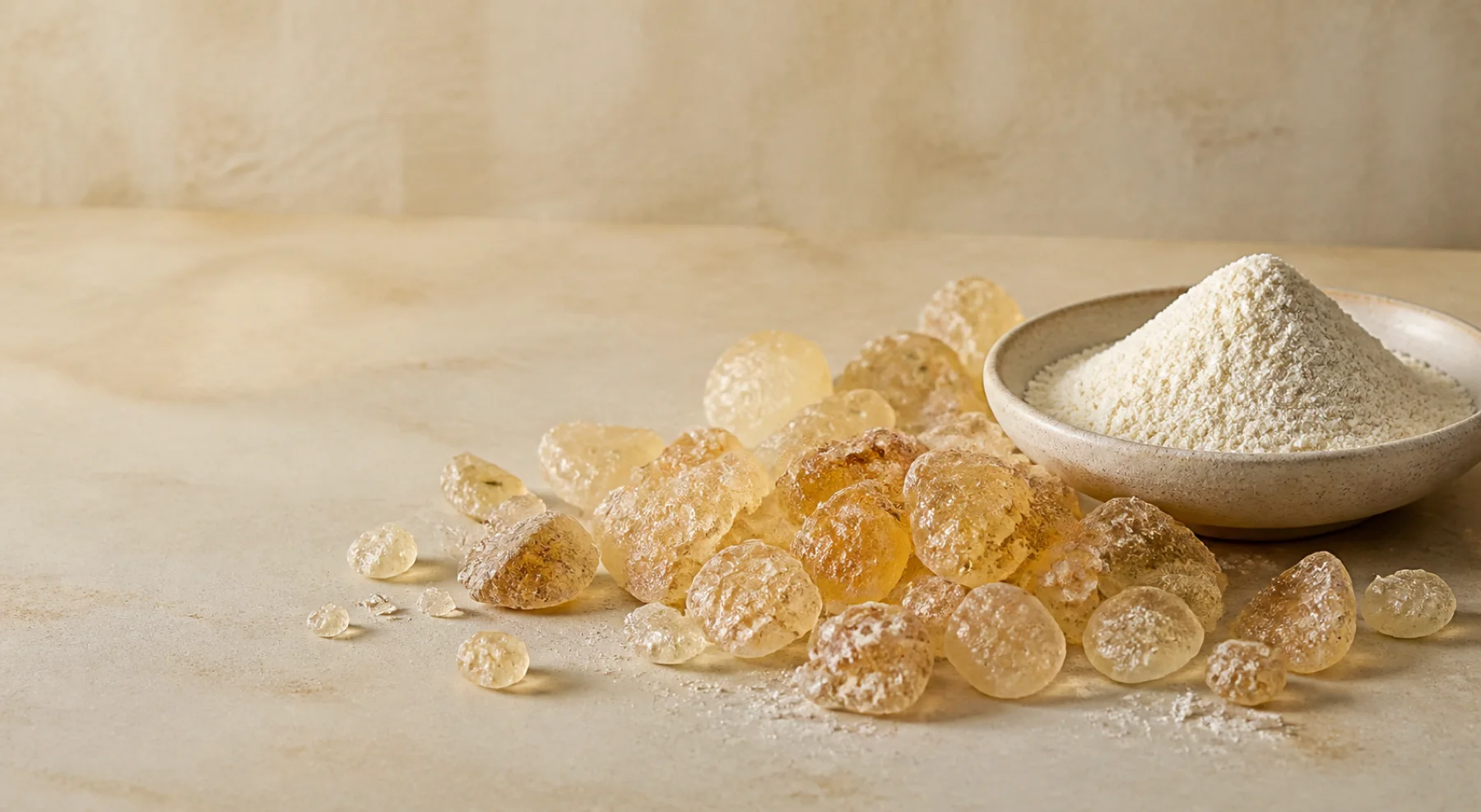 Illustrative still life of gum arabic crystals and milled acacia gum powder